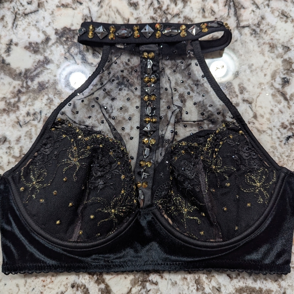 Victoria's Secret Very Sexy Black Velvet Halter - Rhinestones XS